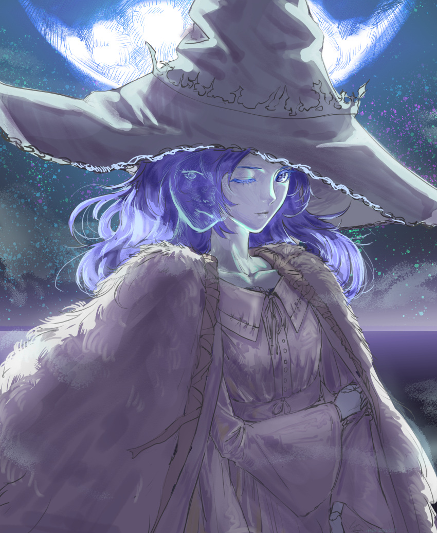 1girl, absurdres, bananabeta, blue_eyes, blue_hair, cloak, closed_mouth, colored_skin, day, dress, elden_ring, extra_arms, extra_faces, full_moon, fur_cloak, grey_skin, highres, long_hair, long_sleeves, looking_at_viewer, moon, outdoors, ranni_the_witch, sky, smile, star_(sky), starry_sky, white_dress, wide_sleeves
