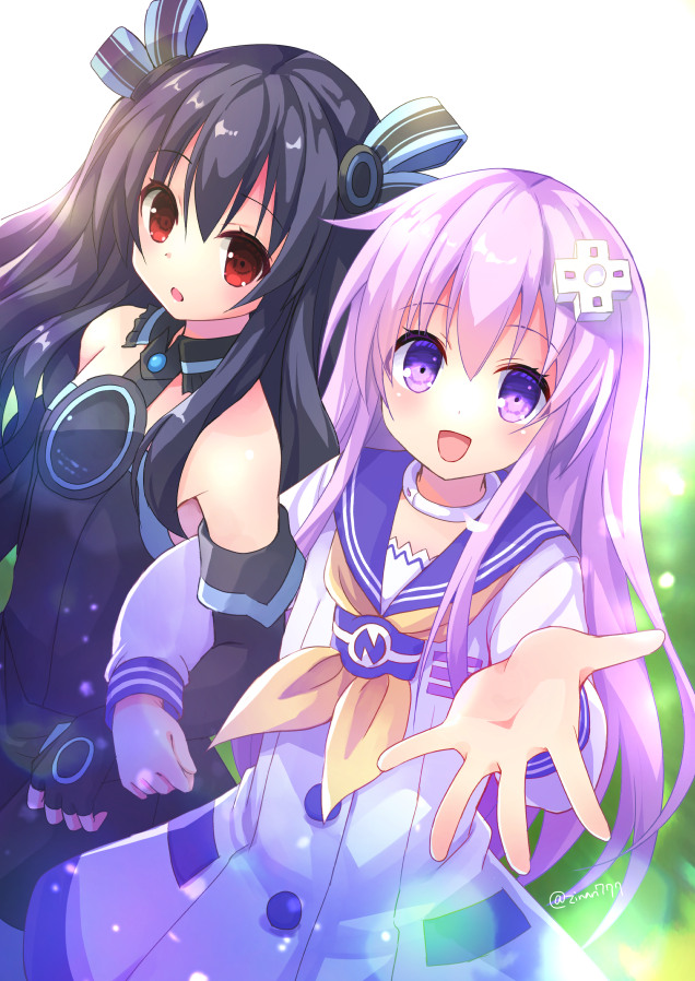 2girls, bare_shoulders, black_hair, blush, breasts, commentary, d-pad, d-pad_hair_ornament