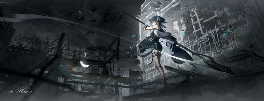 1girl, arknights, asymmetrical_legwear, black_coat, black_shirt, black_shorts, character_name, cityscape