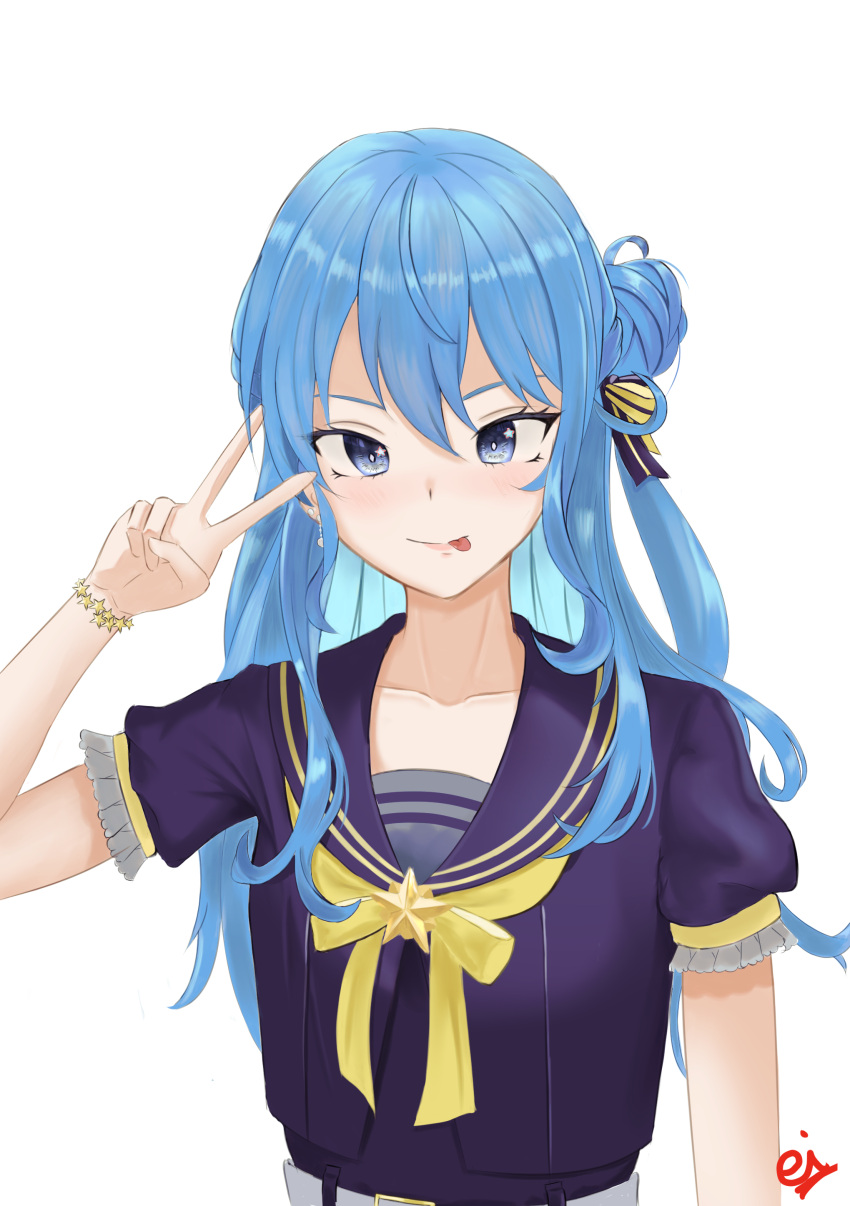 1girl, absurdres, arm_up, artist_name, bangs, blue_eyes, blue_hair, eiundmarmalade, eyebrows_visible_through_hair, highres, hololive, hoshimachi_suisei, lips, long_hair, looking_at_viewer, purple_shirt, school_uniform, serafuku, shirt, side_bun, smile, solo, tongue, tongue_out, upper_body, v, virtual_youtuber, white_background