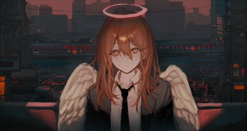 1boy, absurdres, angel_devil_(chainsaw_man), angel_wings, bangs, black_jacket, black_necktie, black_suit