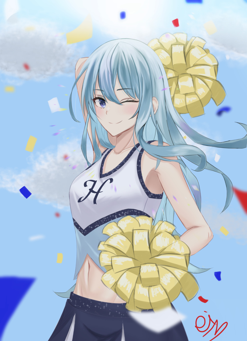 1girl, absurdres, aqua_hair, artist_name, bangs, blue_eyes, blue_skirt, blush