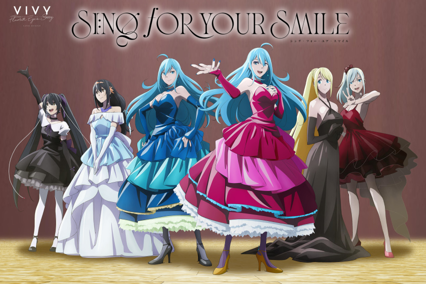 6+girls, :d, absurdres, ahoge, arm_up, bangs, bare_arms, black_dress, black_footwear, black_gloves, black_hair, black_legwear, blonde_hair, blue_choker, blue_dress, blue_eyes, blue_hair, blue_sleeves, bracelet, brown_eyes, character_name, choker, closed_mouth, collarbone, copyright_name, detached_sleeves, dress, elbow_gloves, elizabeth_(vivy), estella_(vivy), floating_hair, full_body, gloves, grace_(vivy), hair_between_eyes, hairband, halterneck, highres, jewelry, layered_dress, long_hair, long_sleeves, multiple_girls, off-shoulder_dress, off_shoulder, ophelia_(vivy), pink_footwear, pink_hairband, ponytail, purple_legwear, red_choker, red_dress, red_sleeves, short_dress, silver_hair, sleeveless, sleeveless_dress, smile, standing, strapless, strapless_dress, twintails, very_long_hair, vivy, vivy:_fluorite_eye's_song, w, white_dress, white_legwear, yellow_footwear