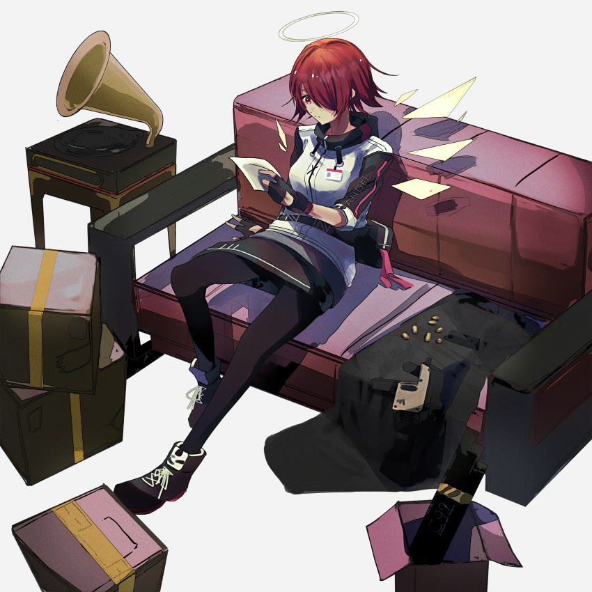 1girl, absurdres, arknights, black_footwear, black_gloves, black_legwear, black_skirt, exusiai_(arknights)