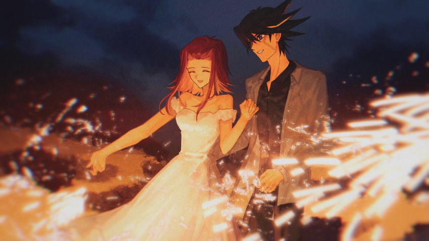 1boy, 1girl, :d, ^_^, alternate_costume, bare_arms, bare_shoulders, black_hair