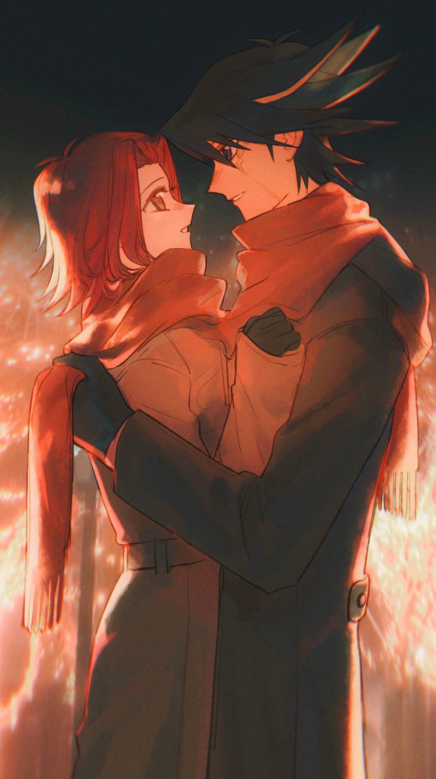 1boy, 1girl, absurdres, alternate_costume, backlighting, black_coat, black_gloves, black_hair