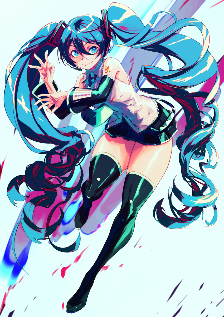 1girl, absurdres, bangs, black_footwear, black_skirt, black_sleeves, blue_eyes, blue_hair