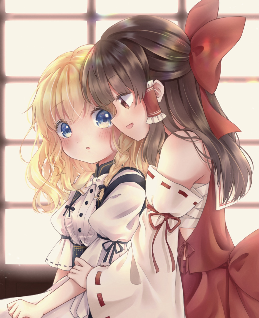 2girls, black_bow, blonde_hair, blue_eyes, blush, bow, bowtie, braid