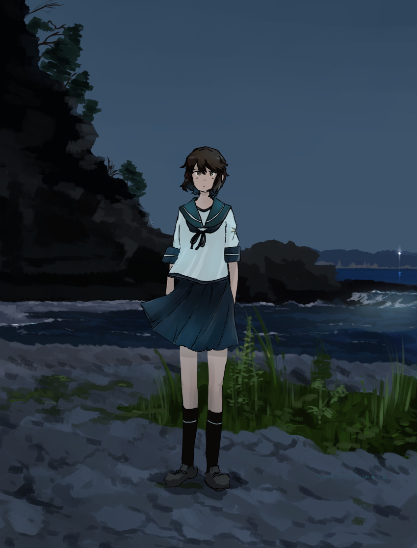 absurdres, beach, black_hair, black_legwear, blue_sailor_collar, blue_skirt, brown_footwear, brown_hair