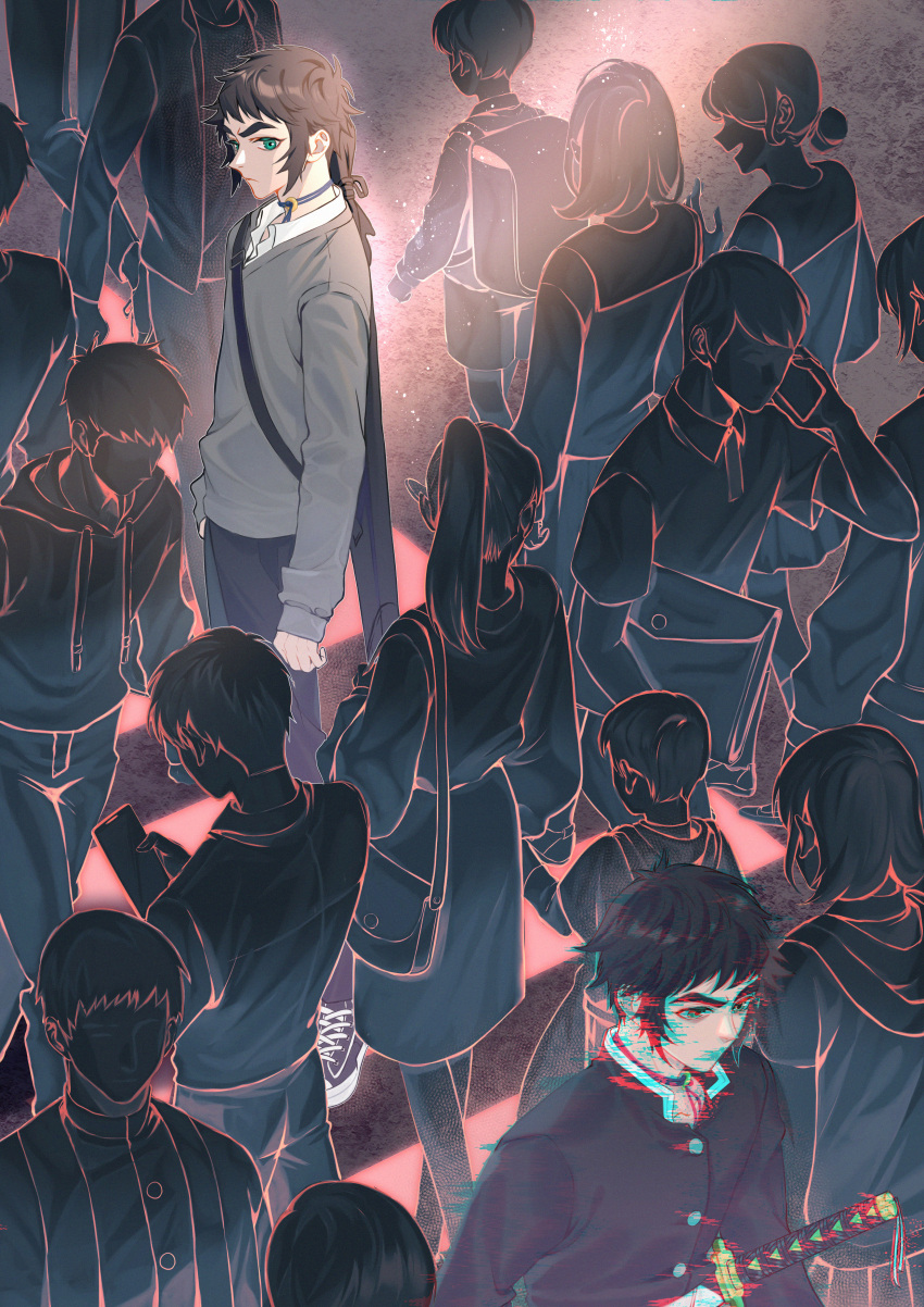 6+boys, 6+girls, absurdres, alternate_universe, aqua_eyes, backpack, bag, black_hair, black_pants, bob_cut, carrying, carrying_under_arm, child, choker, chromatic_aberration, collared_shirt, crowd, dual_persona, elfegg, faceless, faceless_female, faceless_male, from_above, furrowed_brow, glitch, grey_sweater, hair_bun, handbag, highres, holding_hands, hood, hood_down, hoodie, kaigaku, katana, kimetsu_no_yaiba, light_particles, long_hair, long_sleeves, looking_back, magatama, multiple_boys, multiple_girls, out_of_frame, pants, ponytail, randoseru, school_uniform, serafuku, shirt, shoes, short_hair, skirt, sneakers, solo_focus, standing, sunlight, sweater, sword, talking_on_phone, walking, walkway, weapon, weapon_bag, weapon_on_back, white_shirt