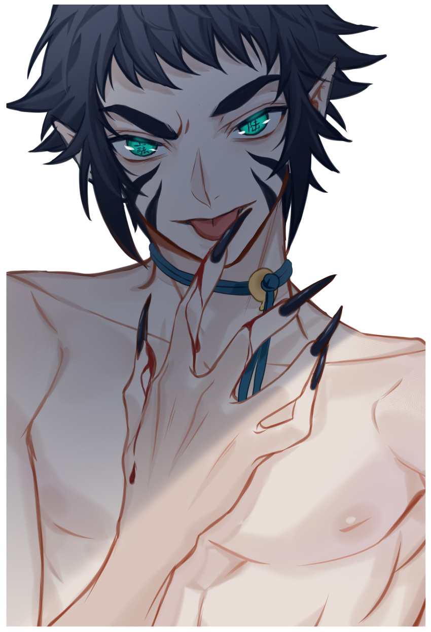 1boy, absurdres, bangs, black_hair, black_nails, blood, blood_on_hands, border