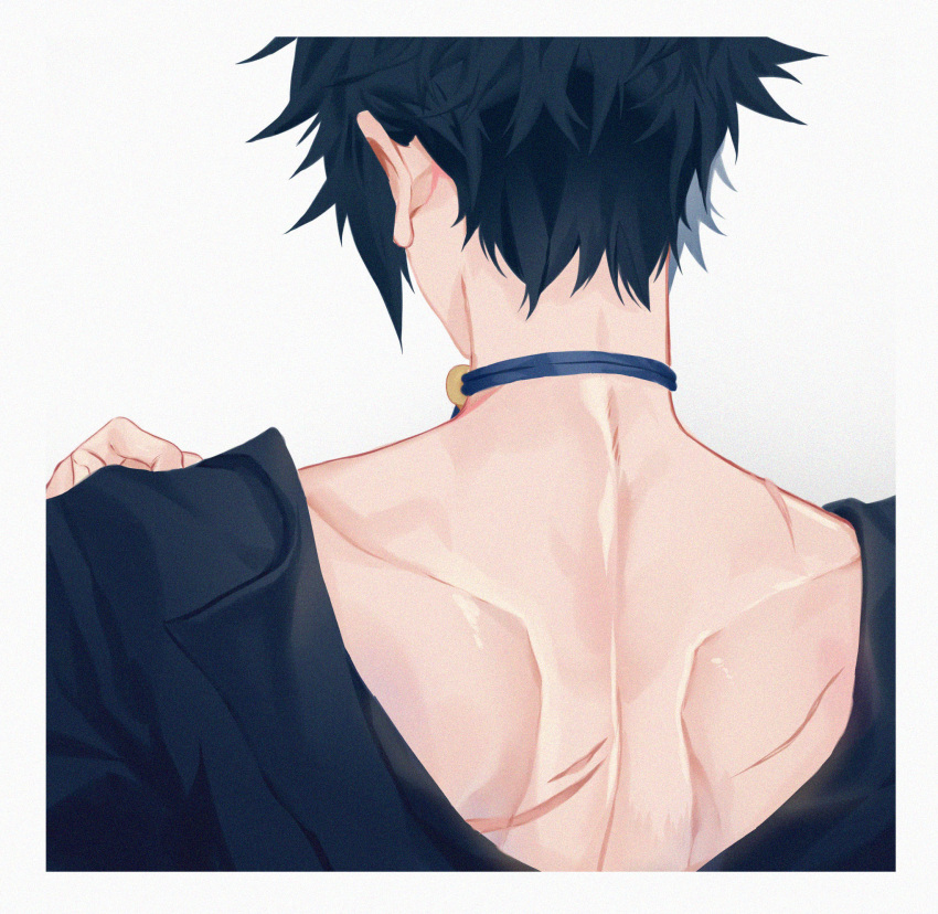 1boy, black_hair, border, choker, dressing, elfegg, facing_away, from_behind