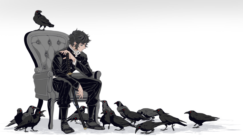 animal, aqua_eyes, armchair, bangs, belt, bird, black_footwear, black_hair