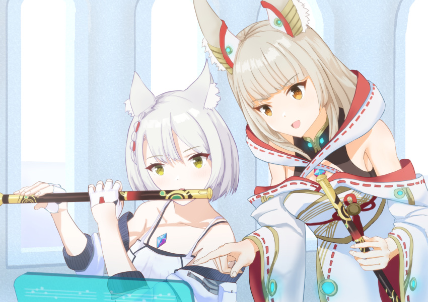 2girls, animal_ears, bangs, blunt_bangs, camisole, cat_ears, chest_jewel, flute