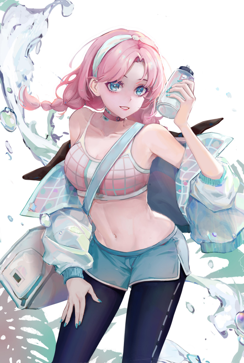 1girl, aquarzaaa, arknights, bare_shoulders, blue_eyes, blue_nails, blue_pants, blue_poison_(arknights)