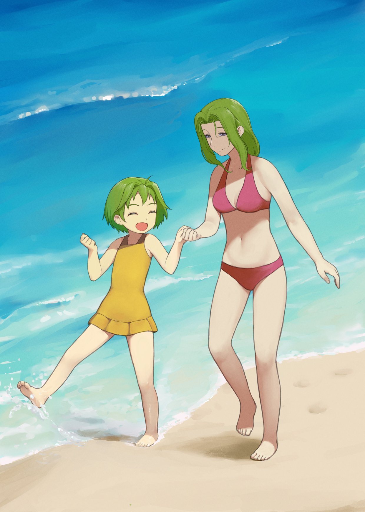 2girls, aira_(grandia), barefoot, beach, breasts, closed_mouth, full_body, grandia, grandia_ii, green_hair, highres, long_hair, mother_and_daughter, multiple_girls, navel, open_mouth, short_hair, smile, squid_neetommy, swimsuit, water