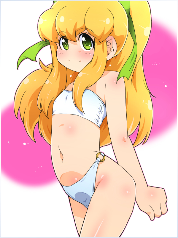 1girl, arms_behind_back, bikini, blonde_hair, clenched_hands, flat_chest, green_eyes, long_hair