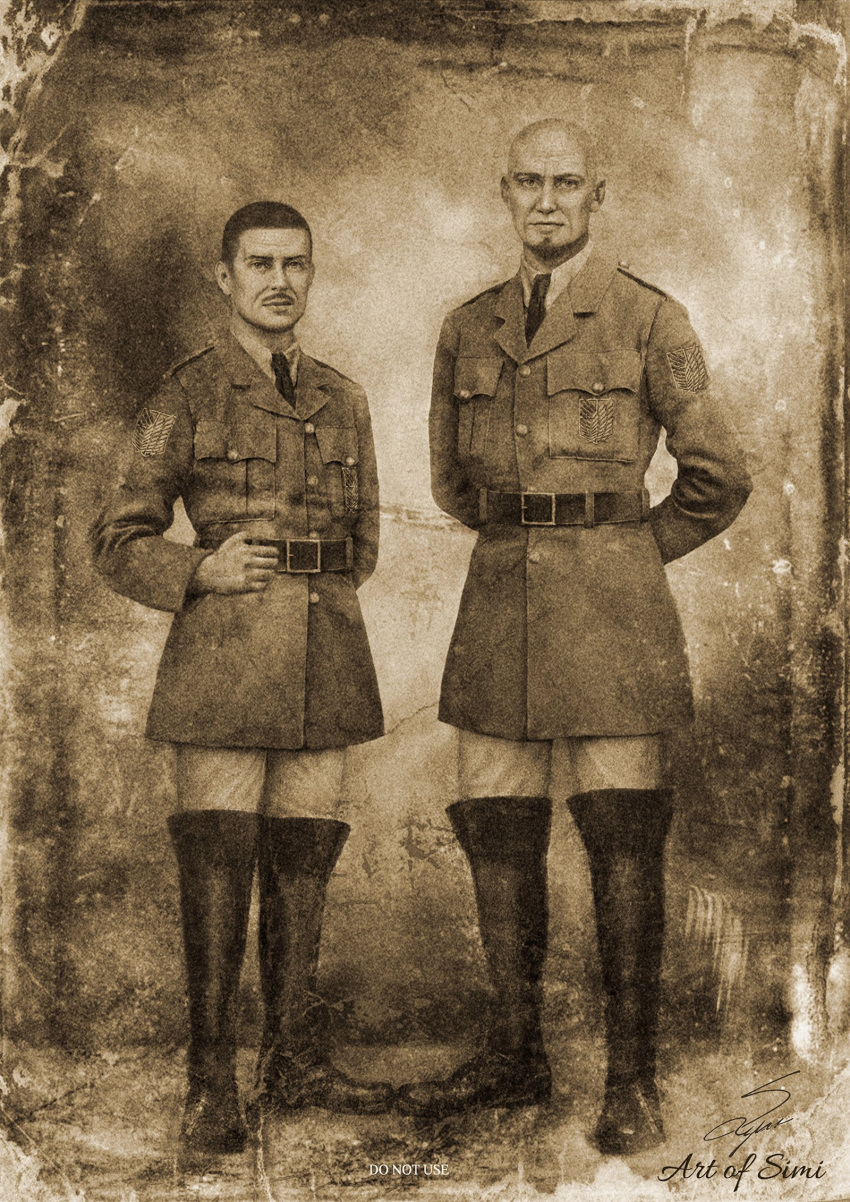 2boys, arms_behind_back, bald, boots, brown_theme, buzz_cut, coat, english_commentary, facial_hair, film_grain, goatee, highres, keith_shadis, knee_boots, male_focus, multiple_boys, mustache, necktie, old, old_man, pants, paradis_military_uniform, realistic, shingeki_no_kyojin, short_hair, simi_braun, smile, survey_corps_(emblem), theo_magath, very_short_hair, white_pants, wrinkled_skin