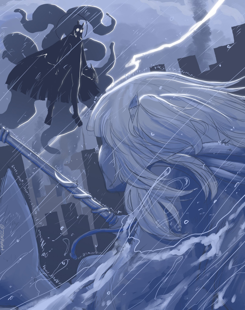 bangs, blue_hair, city, gawr_gura, glowing, glowing_eyes, highres, hololive, hololive_english, jjsmiley95, lightning, long_hair, multicolored_hair, multiple_girls, ninomae_ina'nis, polearm, rain, shadow, silhouette, streaked_hair, tentacle_hair, tentacles, trident, very_long_hair, virtual_youtuber, water, weapon