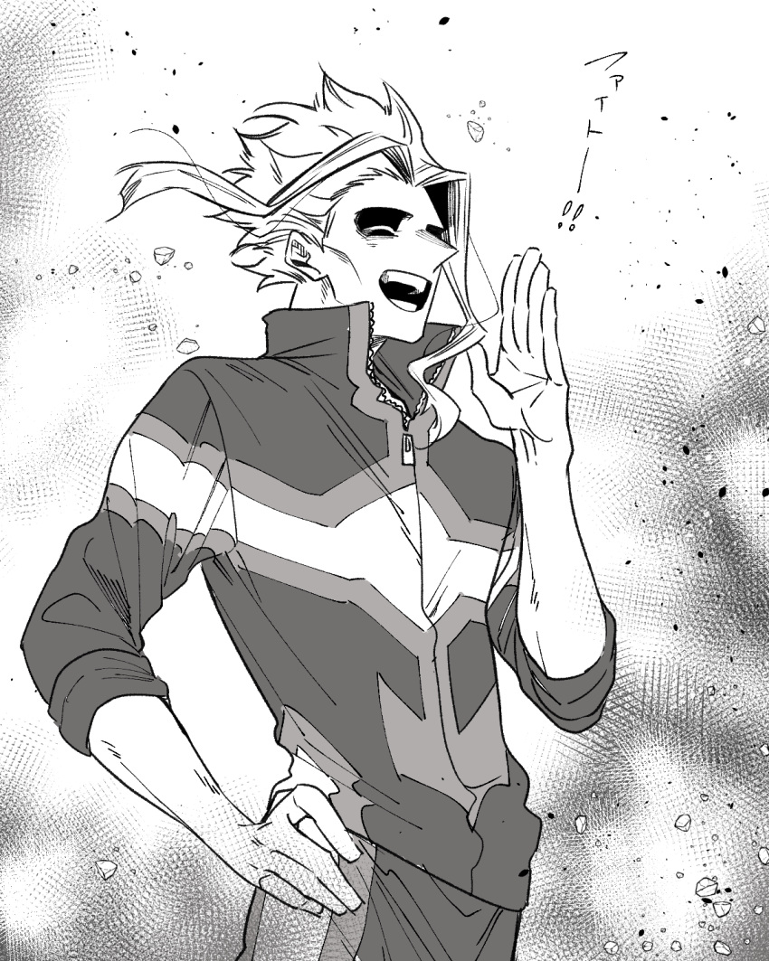 1boy, biru_(k22_t20), boku_no_hero_academia, closed_eyes, cowboy_shot, greyscale, hand_on_hip, hand_up