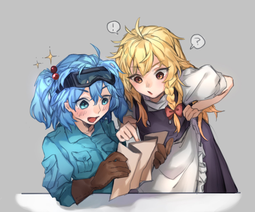2girls, ?, blonde_hair, blue_eyes, blue_hair, blush, braid, gloves