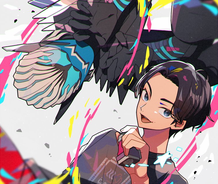 2boys, armor, black_armor, blue_eyes, blue_sky, brown_hair, commentary_request, demon_boy
