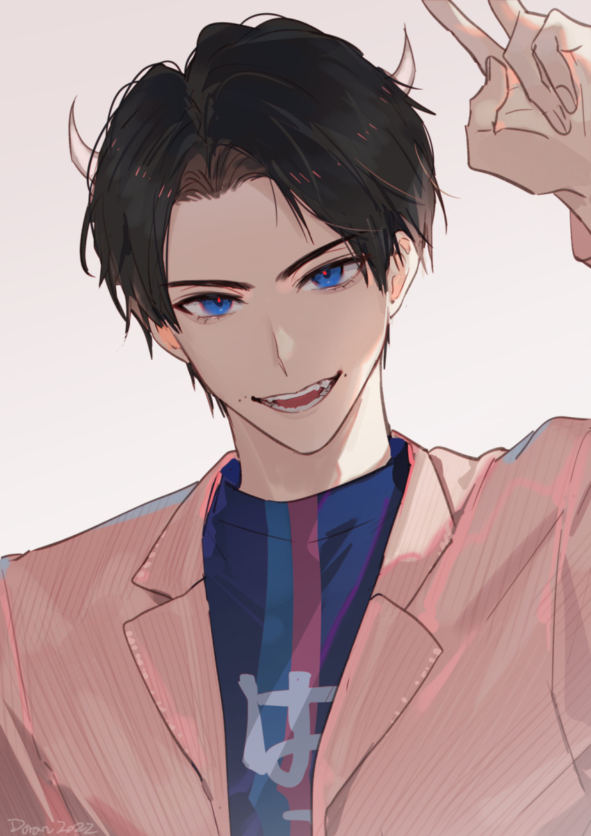 1boy, black_hair, blue_eyes, demon_horns, doran7280, eyebrows, fangs, highres