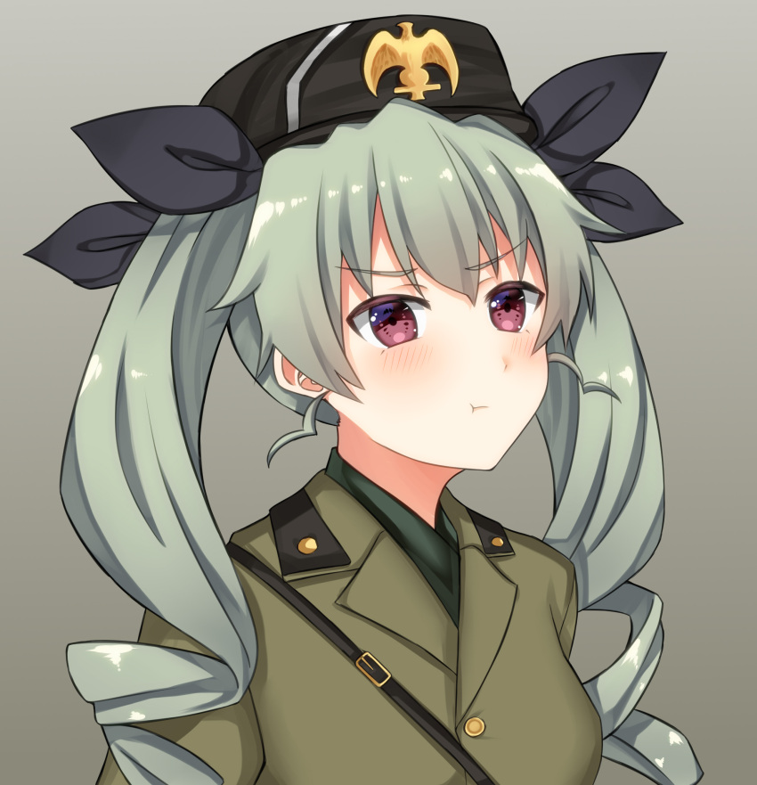 1girl, :t, anchovy_(girls_und_panzer), bangs, belt, benito_mussolini, benito_mussolini_(cosplay), beret