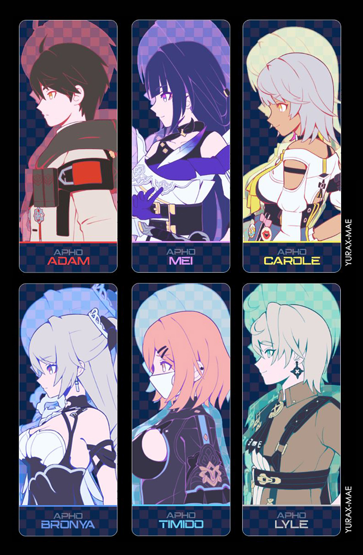 2boys, 4girls, bare_shoulders, bronya_zaychik, bronya_zaychik_(silverwing:_n-ex), brown_coat, brown_hair, carole_peppers