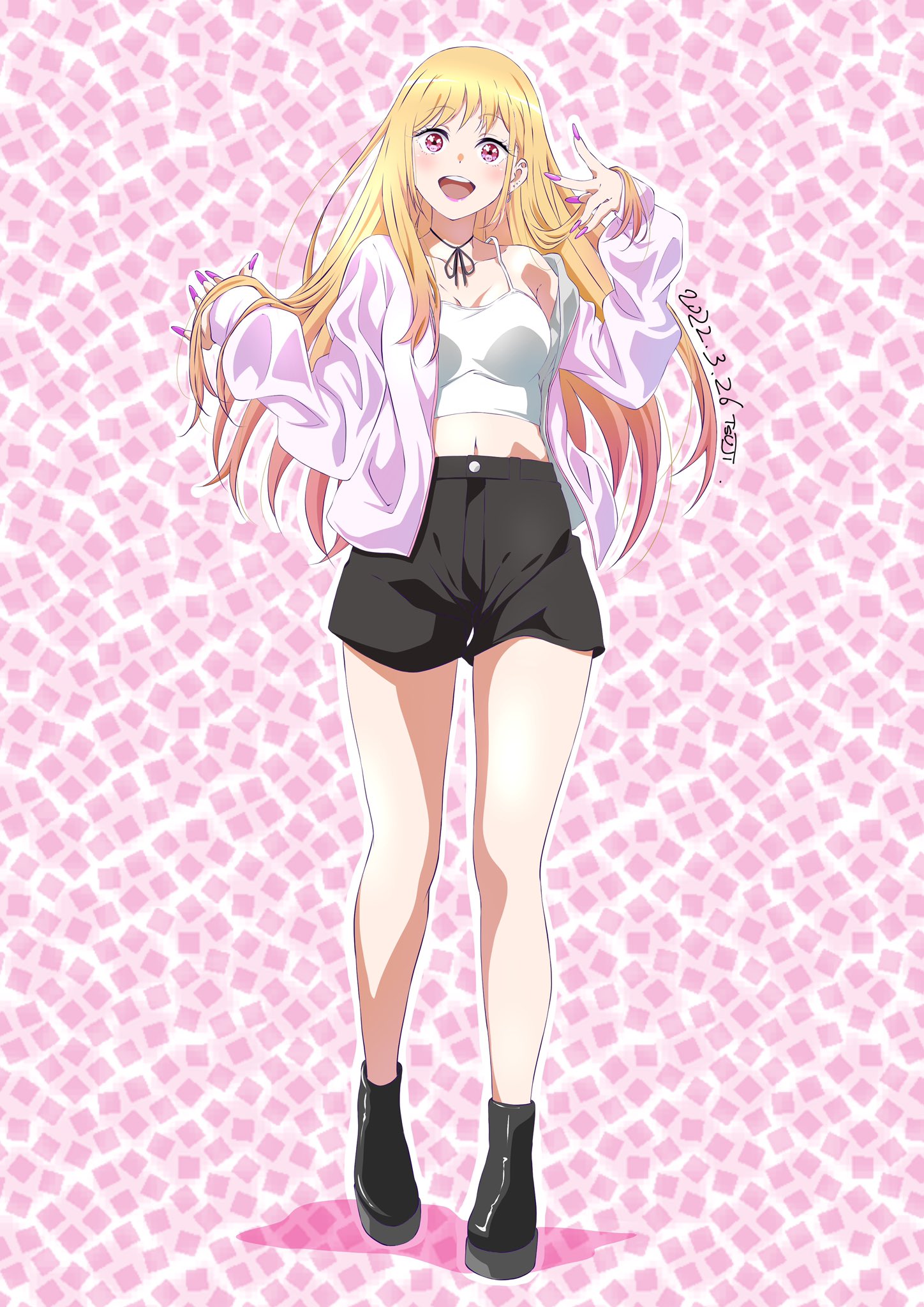 1girl, artist_name, black_footwear, black_ribbon, blonde_hair, boots, camisole, casual