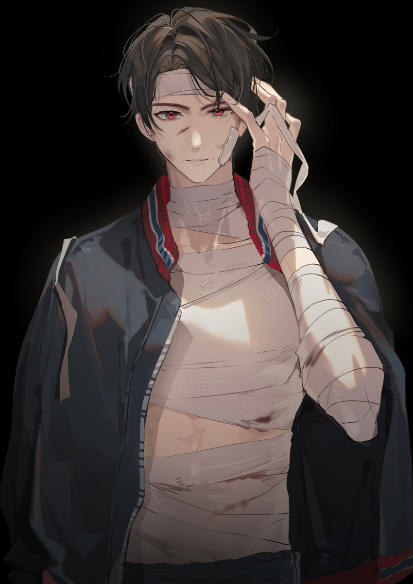 1boy, after_battle, bandaged_arm, bandages, bandaid, bandaid_on_face, black_hair, black_jacket