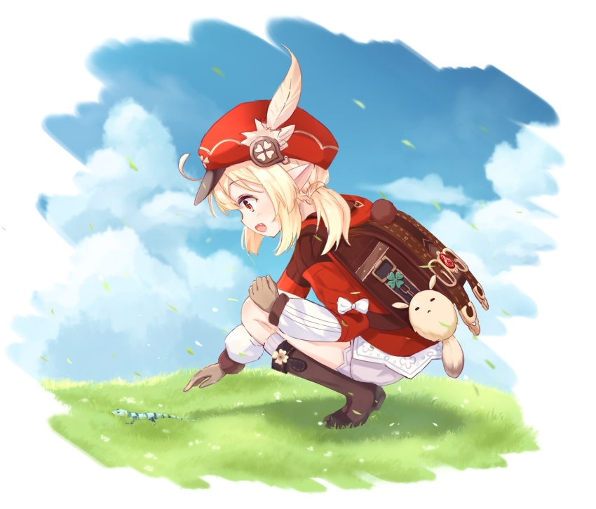 1girl, :d, ahoge, backpack, bag, bag_charm, bangs, blue_sky