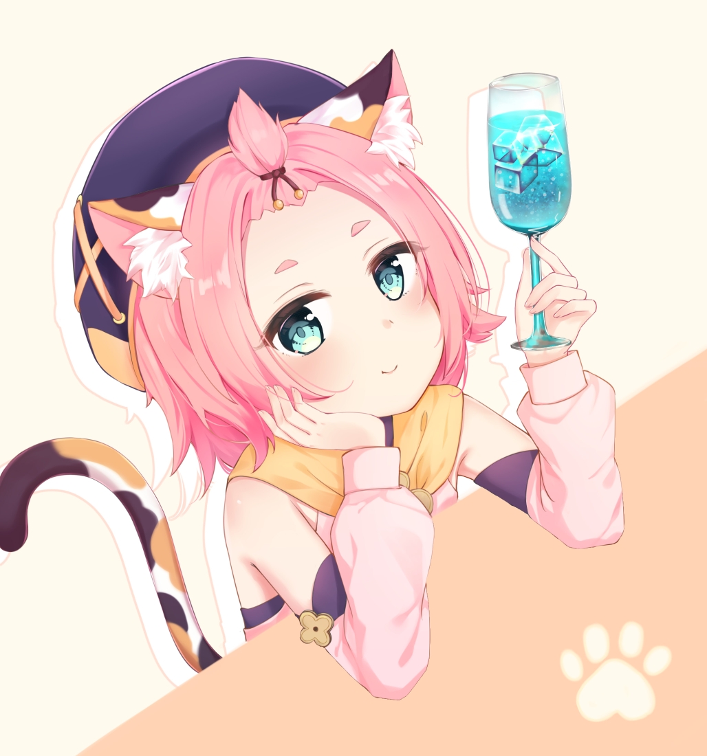 1girl, animal_ear_fluff, animal_ears, bangs_pinned_back, cat_ears, cat_girl, cat_tail, cocktail