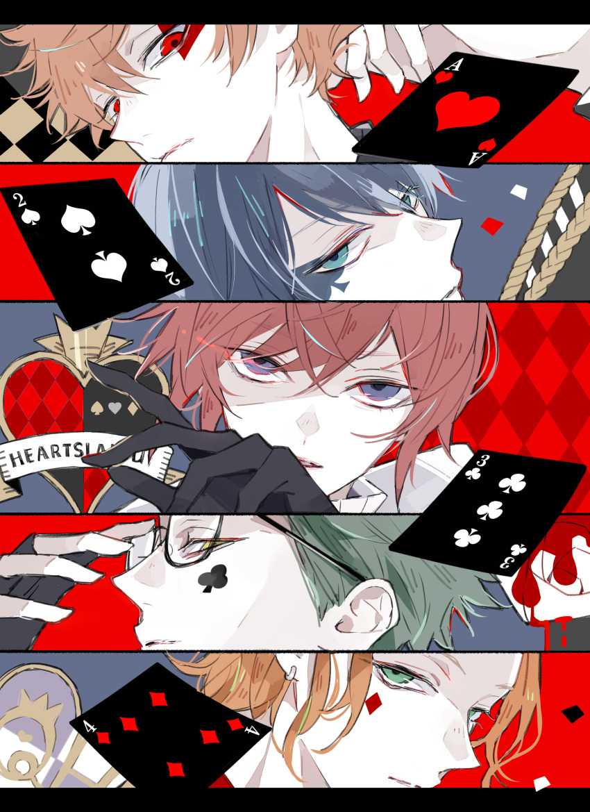 5boys, absurdres, ace_trappola, argyle, argyle_background, awara_kayu, black_gloves, blue_eyes