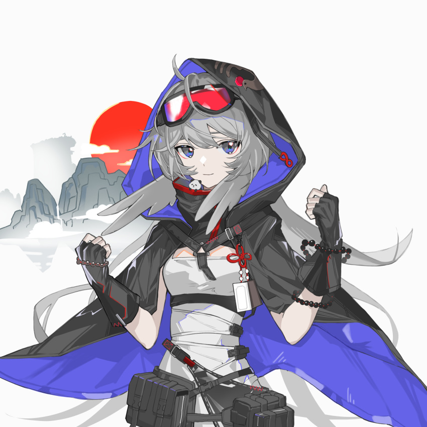 1girl, ahoge, arknights, bead_bracelet, beads, black_bag, black_cape, black_gloves