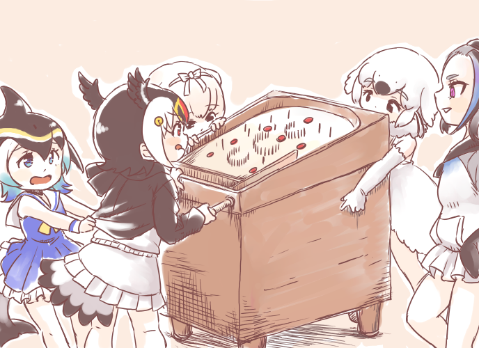 5girls, :p, anteater_ears, atlantic_puffin_(kemono_friends), bird_girl, bird_wings, black_hair, black_jacket