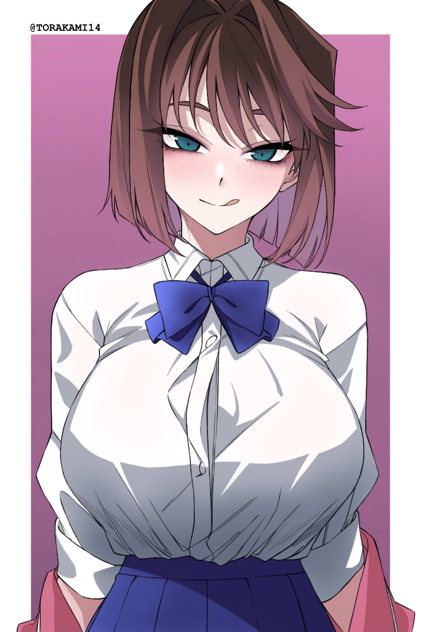 1girl, bangs, bow, bowtie, breasts, brown_hair, domino_high_school_uniform, green_eyes