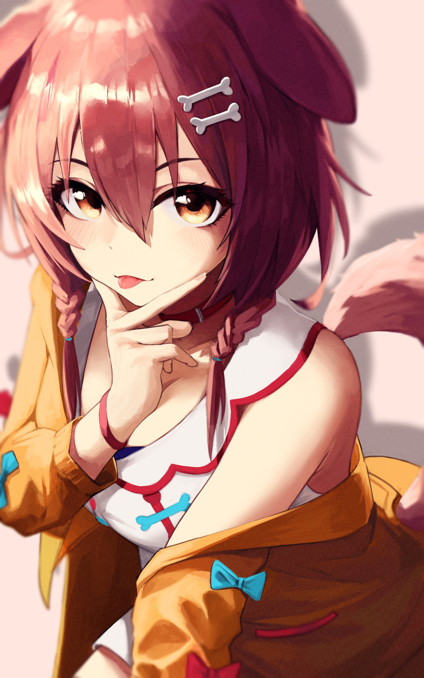 1girl, :p, absurdres, bangs, bone_hair_ornament, brown_hair, collar, dog_girl, dog_tail, doroti., double_bun, dress, hair_between_eyes, hair_ornament, hand_on_own_chin, highres, hololive, inugami_korone, jacket, long_sleeves, medium_hair, open_clothes, open_jacket, red_collar, sleeveless, sleeveless_dress, solo, tail, tongue, tongue_out, virtual_youtuber, white_dress, yellow_jacket