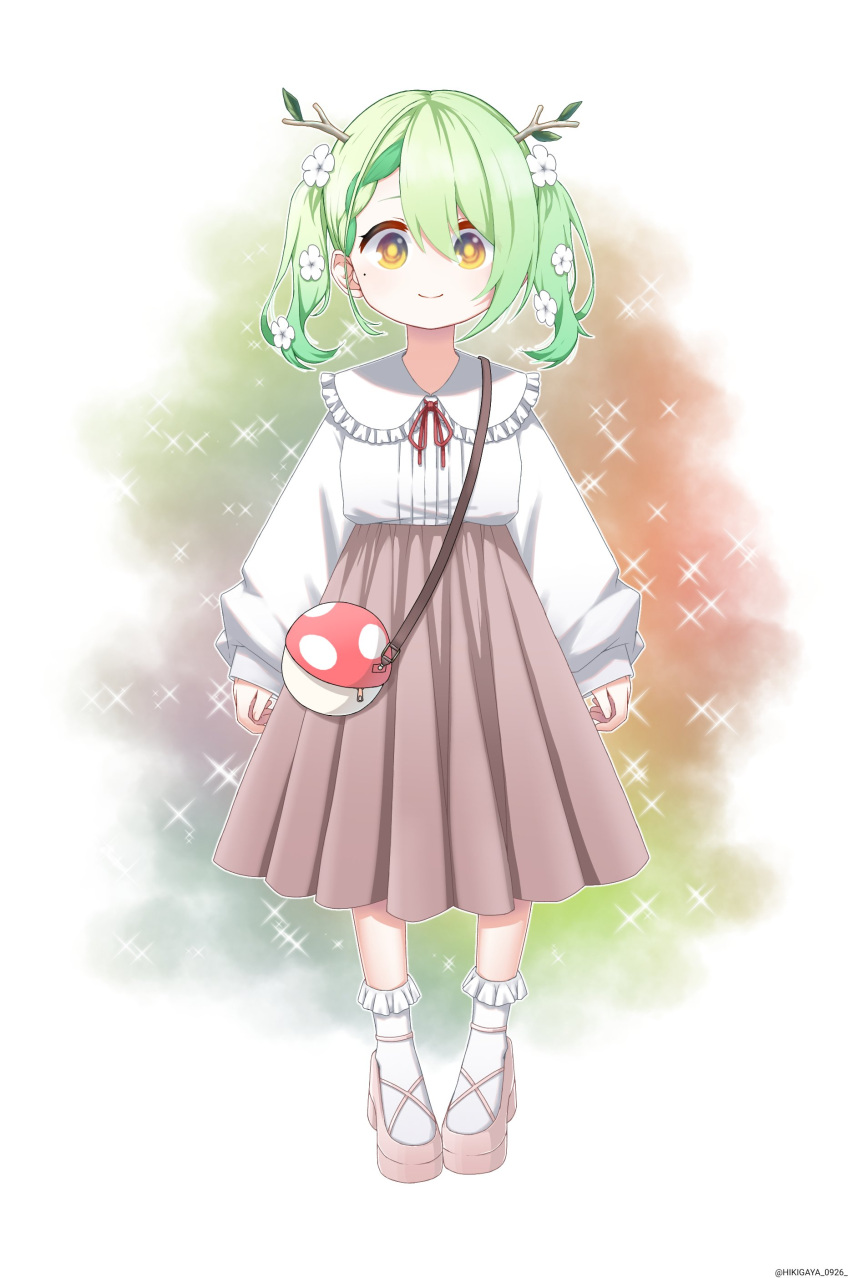 1girl, absurdres, bangs, braid, ceres_fauna, child, flower, frills, green_hair, hair_flower, hair_ornament, highres, hikigaya_0926, hololive, hololive_english, horns, leaf, long_sleeves, looking_at_viewer, medium_hair, oversized_clothes, shoes, skirt, smile, socks, standing, twintails