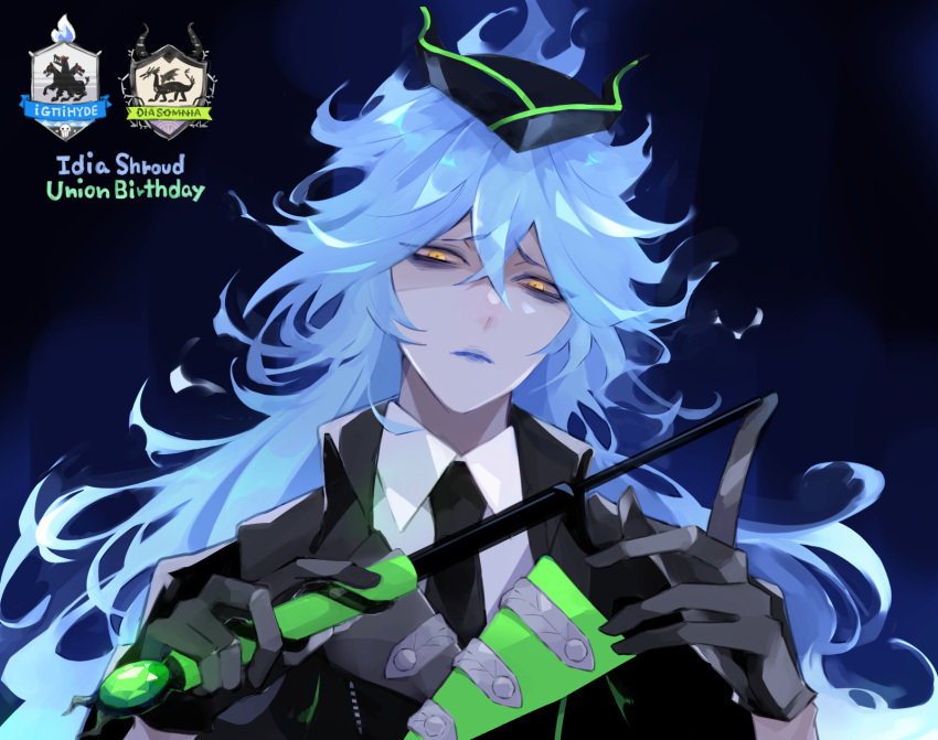 1boy, awara_kayu, bags_under_eyes, black_gloves, black_necktie, blue_hair, blue_lips, collared_shirt