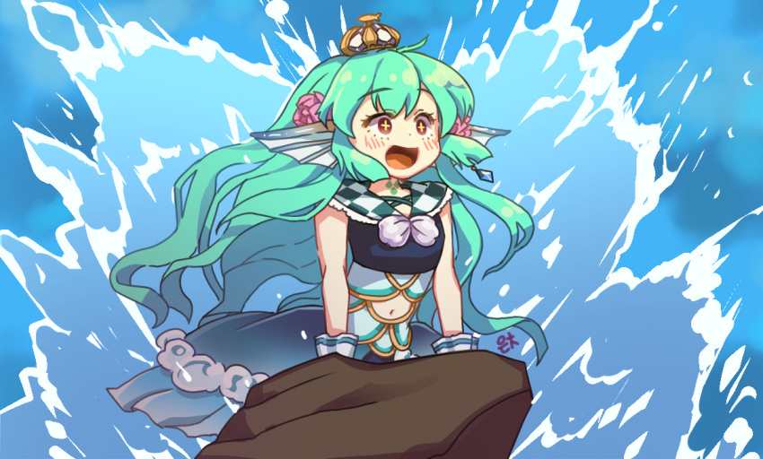 +_+, bangs, blush, clothing_cutout, crown, disney, edich_art, eyebrows_visible_through_hair, finana_ryugu, floating_hair, flower, green_hair, hair_flower, hair_ornament, long_hair, navel, navel_cutout, nijisanji, nijisanji_en, open_mouth, parody, purple_flower, seashell, shell, smile, the_little_mermaid, trait_connection, violet_eyes, virtual_youtuber, water, wrist_cuffs