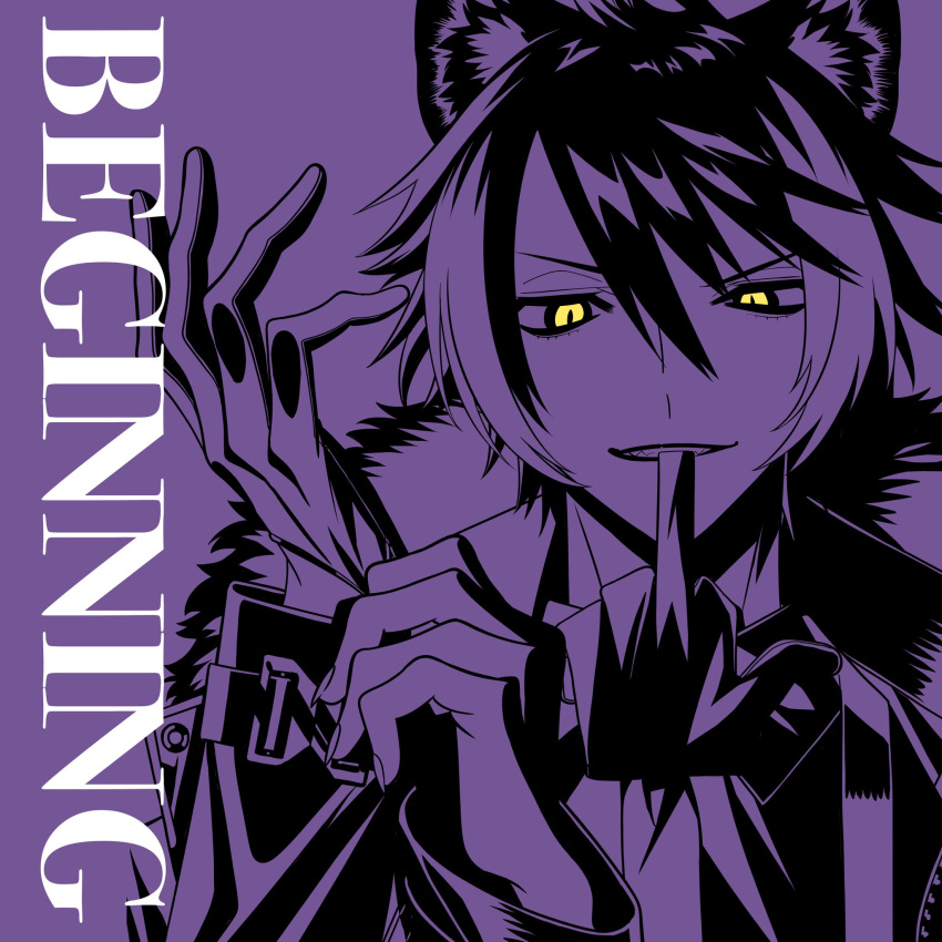 1boy, adjusting_clothes, adjusting_gloves, album_cover, animal_ear_fluff, animal_ears, bangs, black_hair