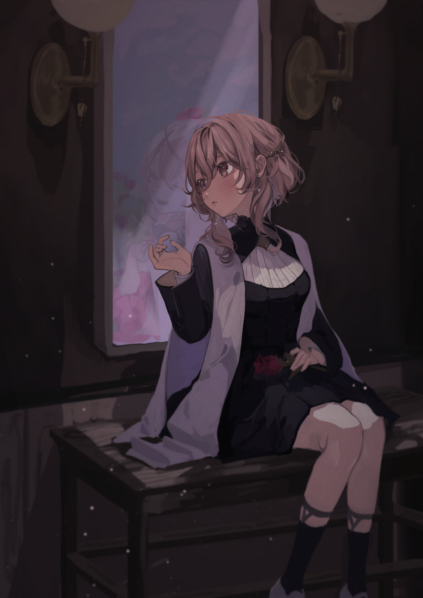 1girl, absurdres, bangs, different_reflection, english_commentary, flower, hair_behind_ear, highres