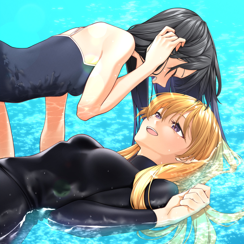 2girls, absurdres, akebi-chan_no_serafuku, akebi_komichi, black_bodysuit, black_hair, black_wetsuit, blonde_hair