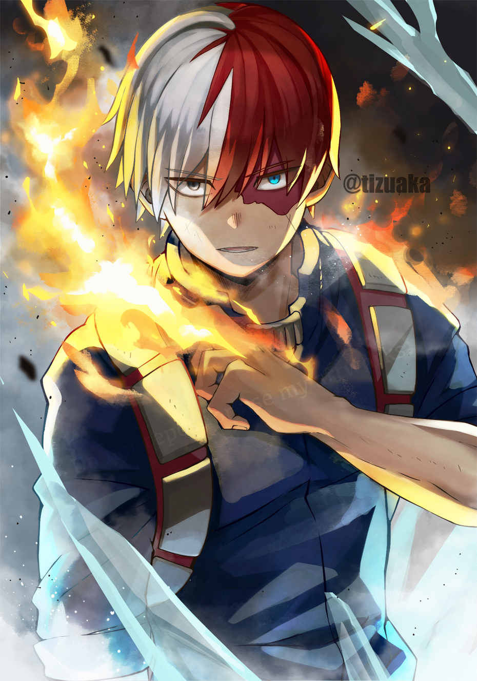 1boy, ashes, blue_eyes, blue_jumpsuit, boku_no_hero_academia, burn_scar, cryokinesis, eyebrows_visible_through_hair
