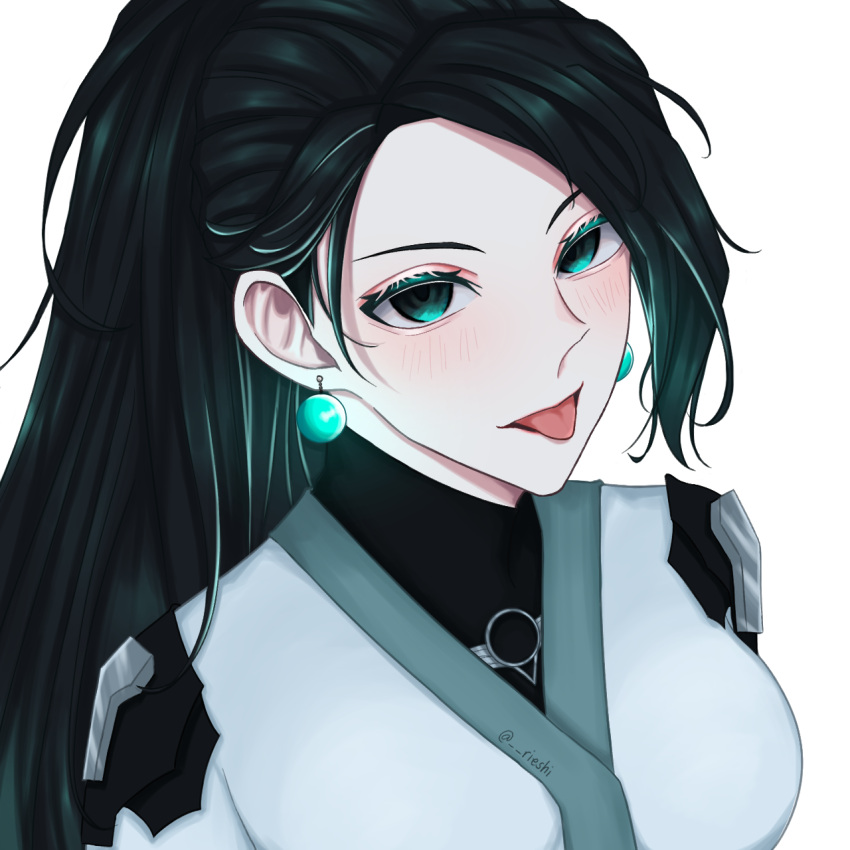 1girl, animification, bangs, black_hair, blush, earrings, from_above, green_eyes