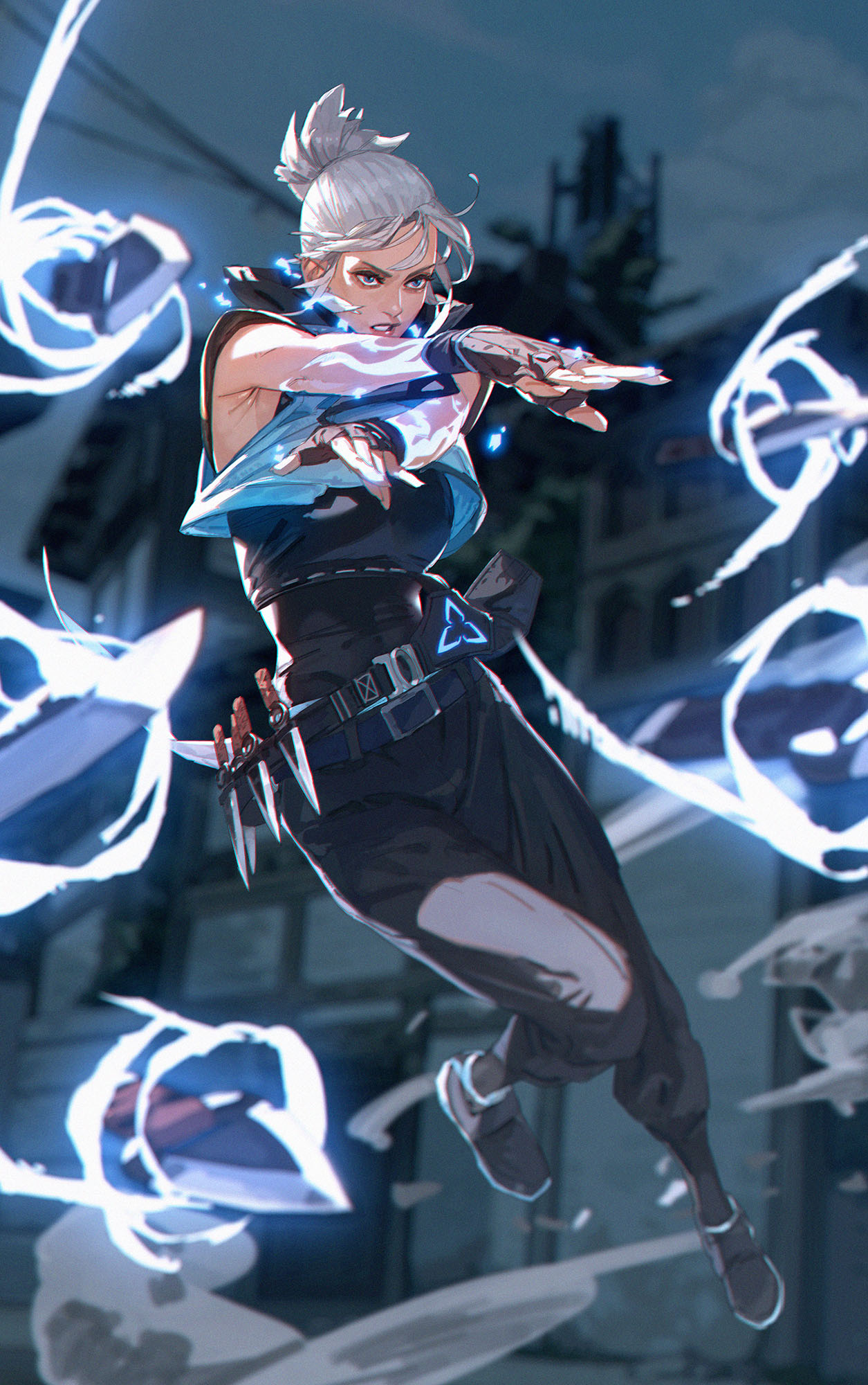 1girl, belt, black_bodysuit, black_footwear, blue_belt, blue_eyes, blue_jacket, bodysuit