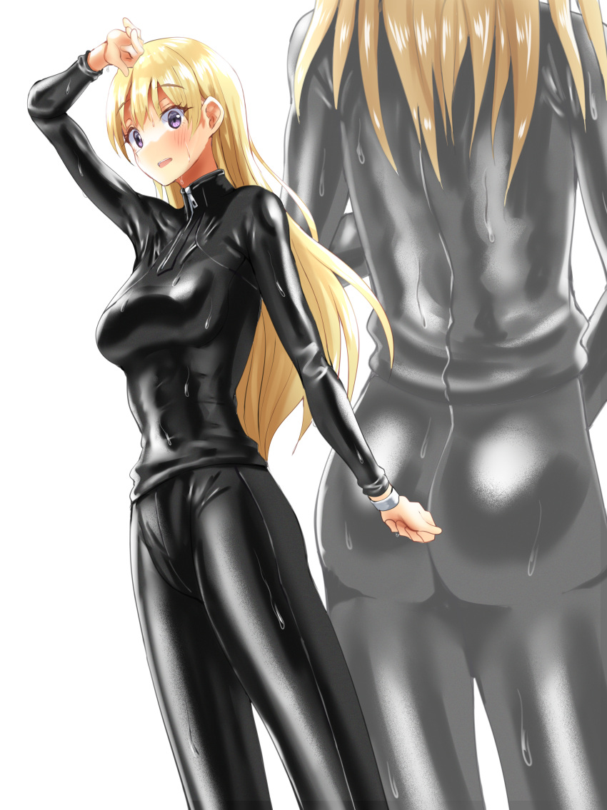 1girl, absurdres, akebi-chan_no_serafuku, ass, black_bodysuit, black_wetsuit, blonde_hair, bodysuit, commentary_request, cowboy_shot, highres, kizaki_erika, kolby, long_hair, multiple_views, simple_background, standing, violet_eyes, wet, wetsuit, white_background, zoom_layer