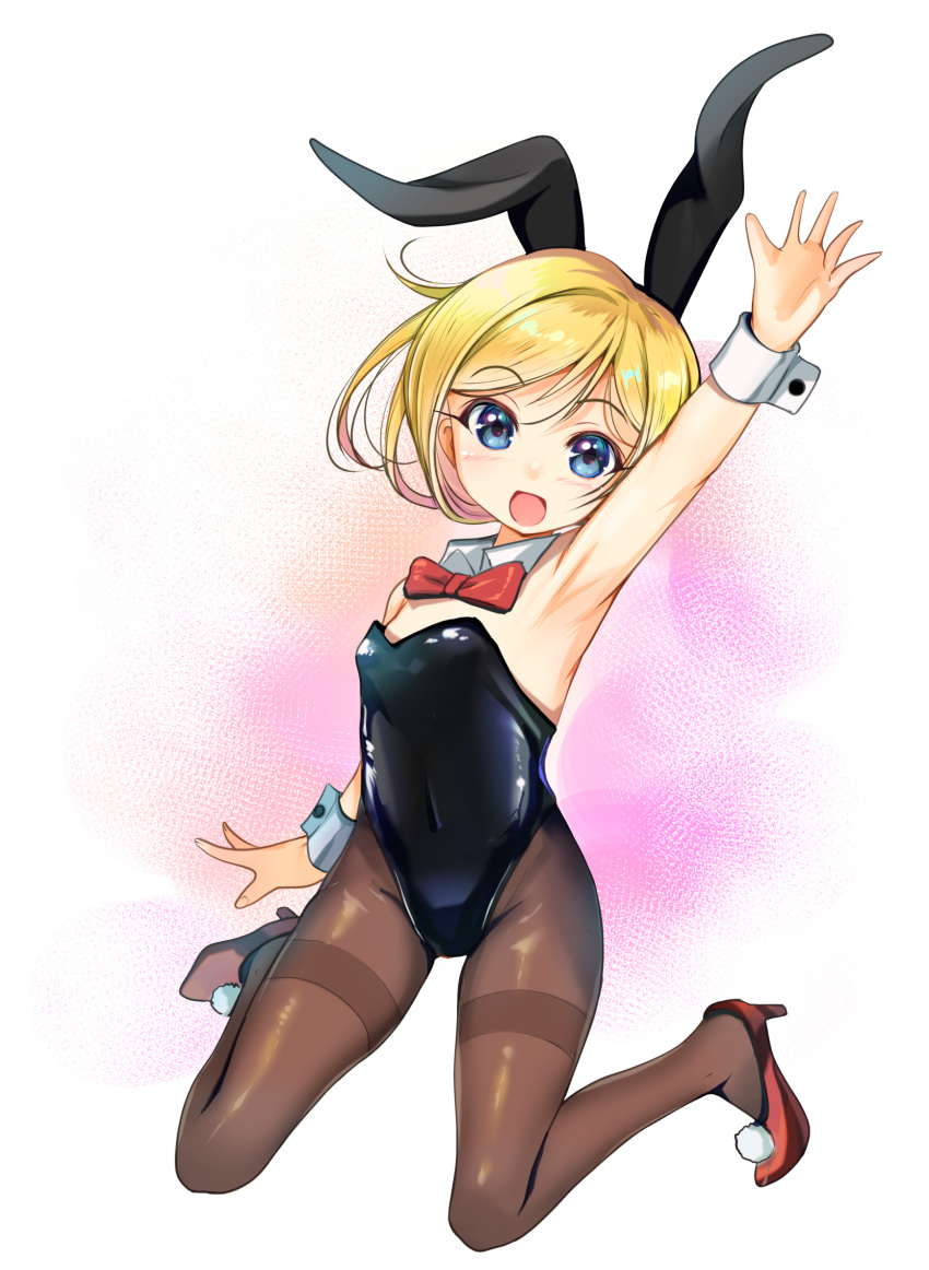 1girl, animal_ears, arcana_heart, arm_up, armpits, black_leotard, blonde_hair, blue_eyes