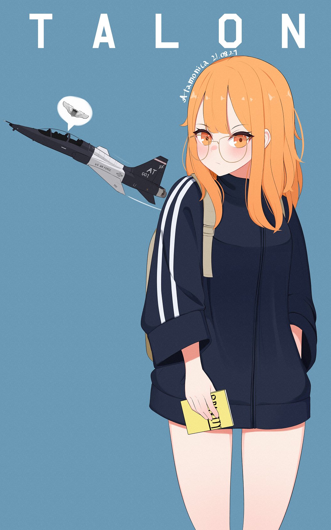 1girl, aircraft, airplane, artist_name, atamonica, blush, commentary, english_commentary, f-5_freedom_fighter, fighter_jet, glasses, highres, hood, hoodie, jet, long_hair, looking_at_viewer, military, military_vehicle, orange_eyes, orange_hair, original, simple_background, solo, united_states_air_force
